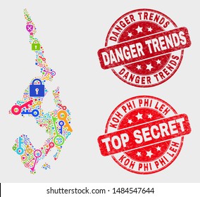 Privacy Koh Phi Leh map and seal stamps. Red round Top Secret and Danger Trends scratched seals. Colored Koh Phi Leh map mosaic of different guard elements.