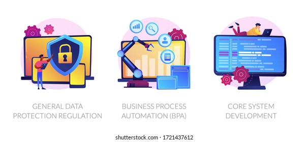 Privacy Law, Digital Transformation, Programming. General Data Protection Regulation, Business Process Automation, Core System Development Metaphors. Vector Isolated Concept Metaphor Illustrations