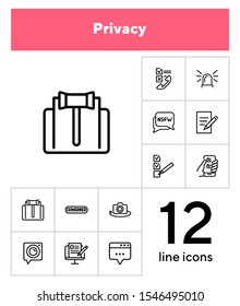 Privacy line icon set. Judge gavel, censored content, camera. Privacy concept. Can be used for topics like personal data, safety, protection