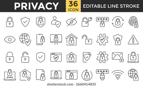 Conjunto de ícones da linha de privacidade. Pixel Perfect e Outline Editable Stroke Icons coleção para bloqueio, segurança, proteção de dados, acesso seguro, vigilância, arquivos confidenciais, identidade, reconhecimento