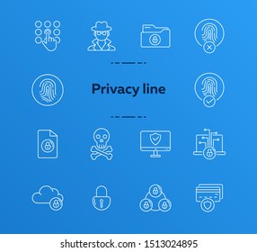 Privacy line icons. Set of line icons. Cloud with padlock, screen with shield. Internet security concept. Vector illustration can be used for topics like information security, computing