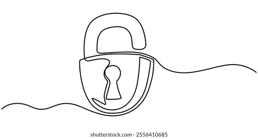 Privacy Lock Continuous Line Editable Icon, padlock drawn in the style of one line. vector, illustration, isolated, Continuous line drawing of padlock. Closed lock. One line drawing.