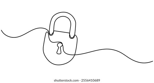 Privacy Lock Continuous Line Editable Icon, padlock drawn in the style of one line. vector, illustration, isolated, Continuous line drawing of padlock. Closed lock. One line drawing.