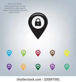 privacy lock icon, map pin.