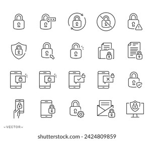 Privacy locks icon collection, Password, circular arrows, shield, Data protection and Cyber security, phone, personal information protection, thin line symbol eps 10 vector illustration