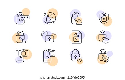 Privacy locks set icon. Password, circular arrows, shield, warning sign, cursor, document, hand, phone, gear, personal information protection. Private data concept. Vector line icon for Business.