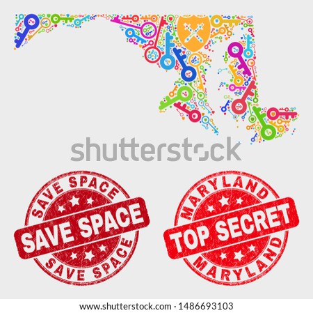 Privacy Maryland State map and watermarks. Red rounded Top Secret and Save Space distress watermarks. Bright Maryland State map mosaic of different guard icons.