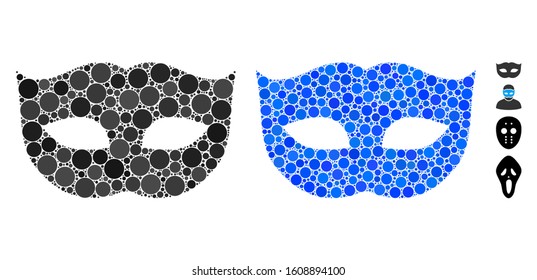 Privacy mask composition of round dots in various sizes and color tinges, based on privacy mask icon. Vector round elements are organized into blue composition.