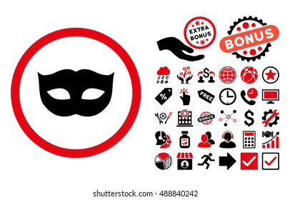 Privacy Mask icon with bonus icon set. Vector illustration style is flat iconic bicolor symbols, intensive red and black colors, white background.