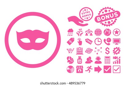 Privacy Mask icon with bonus icon set. Vector illustration style is flat iconic symbols, pink color, white background.