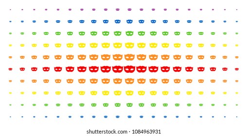 Privacy mask icon spectral halftone pattern. Vector privacy mask pictograms are arranged into halftone matrix with vertical spectrum gradient. Designed for backgrounds, covers,