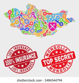 Privacy Mongolia map and seal stamps. Red round Top Secret and 100% Insurance distress stamps. Bright Mongolia map mosaic of different privacy items. Vector combination for security purposes.