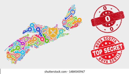 Privacy Nova Scotia Province map and seal stamps. Red rounded Top Secret and 0 grunge seal stamps. Bright Nova Scotia Province map mosaic of different privacy symbols.