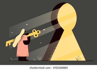 Privacy, opportunity, entering new life concept. Female standing and holding huge key to open lock in door and enter new space alone vector illustration