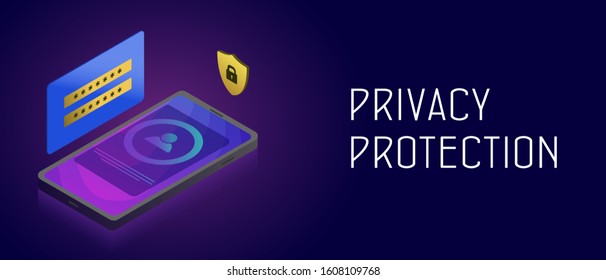 Privacy personal data protection concept with isometric phone, login and password field, padlock shield icon. Cyber security for network and information. Header and footer banner template with text.