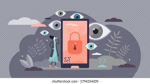 Privacy as personal data protection with security safety tiny persons concept. Abstract eyes peek in private files on mobile phone vector illustration. Web cyberspace information protection scene.