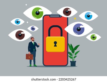 Privacy as personal data protection with security safety. Eyes peek in private files on smartphone. Web cyberspace information protection scene. Vector illustration.