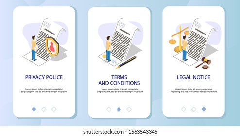 Privacy police, Terms and conditions, Legal notice mobile app onboarding screens. Menu banner vector template for website and application development. Business agreement drafting and legal vetting.