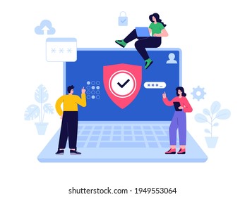 Privacy policy concept. Guard shield with checkmark on huge laptop screen. Account access, data protection, cloud storage. Man and woman working at security service. Vector character illustration