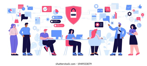 Privacy policy concept. Guard shield, padlock with password. Internet data protection. Business people working online with corporate documents. Employees at office. Vector character illustration