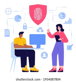 Privacy policy concept. Guard shield with fingerprint scanner. Identification, account access, data protection. Man and woman working online, cloud tech at office. Vector character illustration