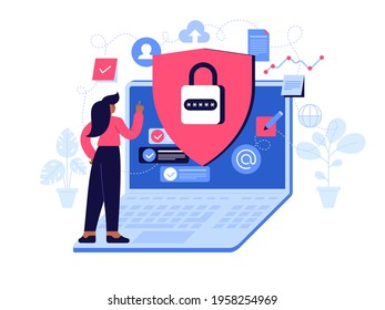 Privacy policy concept. Guard shield, padlock with password on huge laptop screen. Account access, data protection, cloud storage. Woman working at security service. Vector character illustration