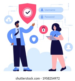 Konzept der Datenschutzrichtlinie. Schutzschild mit Markierung. Account-Zugang, Datenschutz, Konzept zur Vertraulichkeit sozialer Medien. Mann und Frau, die online mit Cloud-Technik arbeiten. Vektorgrafik-Zeichenillustration