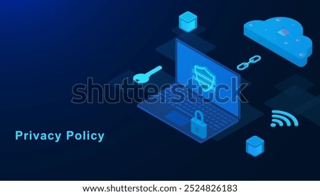 Privacy policy concept with laptop, cloud computing, server, key and padlock in isometric. Personal data security and online file server protection. Vector illustration.