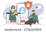 Privacy policy concept. Man with tablet and woman with shield near smartphone. Privacy and online safety. Cyber security team with gadgets. Flat vector illustration