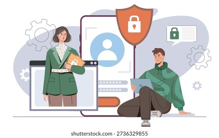 Privacy policy concept. Man with tablet and woman with shield near smartphone. Privacy and online safety. Cyber security team with gadgets. Flat vector illustration
