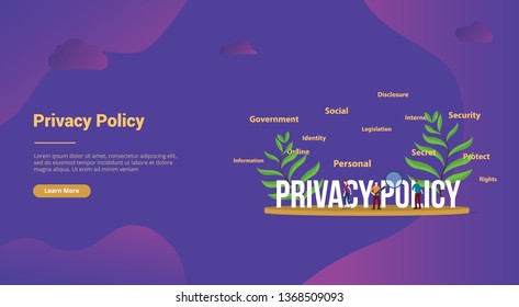 privacy policy concept with people team and big text for website template landing homepage - vector illustration