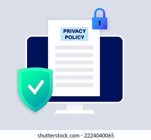 Privacy policy concept. Statement or legal document on computer online. Privacy law documentation. Personal information about the client or digital declaration. Flat vector illustration for business