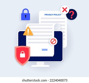 Privacy policy concept. Statement or legal document on computer online. Privacy law documentation. Personal information about the client or digital declaration. Flat vector illustration for business