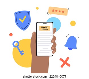 Privacy policy concept. Statement or legal document on smartphone online. Privacy law documentation. Personal information about the client or digital declaration. Flat vector illustration for business