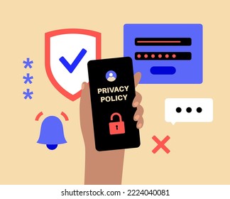 Privacy policy concept. Statement or legal document on smartphone online. Privacy law documentation. Personal information about the client or digital declaration. Flat vector illustration for business