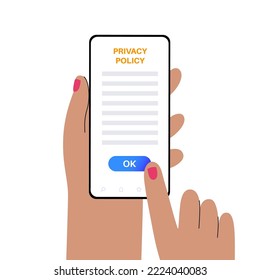 Privacy policy concept. Statement or legal document on smartphone online. Privacy law documentation. Personal information about the client or digital declaration. Flat vector illustration for business