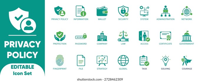 Datenschutzrichtlinie Datenschutz DSGVO Sicherheit Cyber Law Legal Compliance Vektor Icon Set
