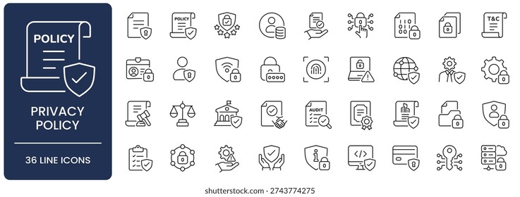 Privacy Policy and Data Protection Line Icon Set. Collection of security, cybersecurity, compliance, shield, encryption, confidentiality, consent, Outline, Editable Stroke, Vector illustration.