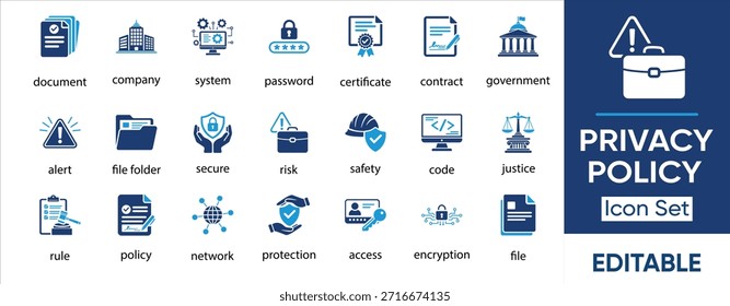 Conjunto de iconos de Política de privacidad y seguridad de datos, Símbolos de cumplimiento de GDPR y ciberseguridad, Iconos de glifo sólido de dos tonos para protección de información legal y digital.