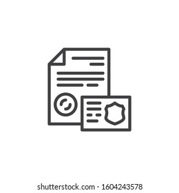 Privacy Policy document line icon. Doc file with police badge linear style sign for mobile concept and web design. Legal document outline vector icon. Symbol, logo illustration. Vector graphics