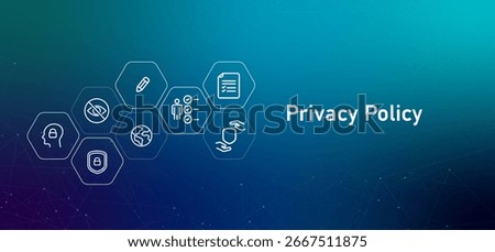 Privacy Policy header image outline icons related to security and user data protection explaining a company commitment to confidentiality digital law statement 