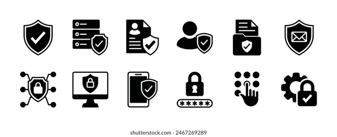 Conjunto de iconos de la política de privacidad. Contiene seguridad, protección, protección, acceso, protección, seguridad de datos, documento, archivo, información, sistema de red, comunicación. Ilustración vectorial