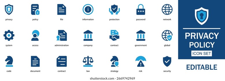 Conjunto de iconos de privacidad y política con iconos vectoriales editables para protección de datos, seguridad, cumplimiento, derechos de usuario, GDPR, ley cibernética, confidencialidad, cifrado, autenticación segura.