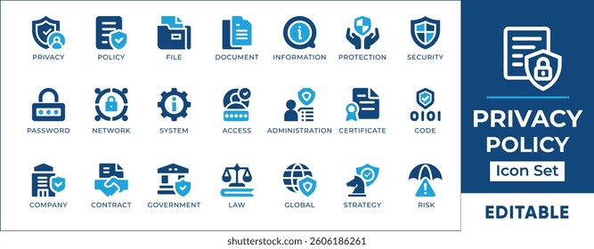 Privacy and policy icon set featuring data protection, security, compliance, user rights, GDPR, cyber law, confidentiality, encryption, and secure authentication.