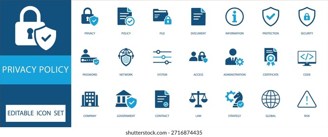  Conjunto de íconos de política de privacidad con protección de datos, cifrado, cumplimiento legal y símbolos de seguridad de red en estilo de Vector plano para Web y App.