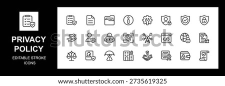 Privacy policy icon set. featuring data protection, security, compliance, user rights, GDPR, cyber law, confidentiality, encryption, and secure authentication, Vector illustration