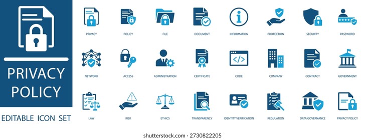 privacy policy icon set. Includes security, legal compliance, GDPR, digital identity, and ethics icons for web and mobile UI design.