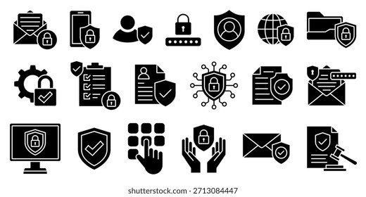 Vector de conjunto de iconos de política de privacidad. Seguridad, protección de datos, acceso, cifrado, equipo, ley cibernética, cumplimiento, derechos de usuario, autenticación, seguro, documento, archivo, información, sistema de red.