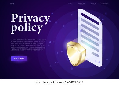 Privacy Policy illsutration concept, 3d contract with sign and 3d shield, protection concept. Isometric 3d website app. Landing web page template