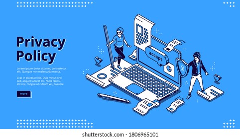 Privacy policy isometric landing page, data protection, digital security, personal confidential information online safety. 3d Tiny people at huge laptop with shield and docs vector line art web banner